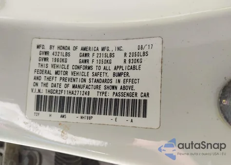 2017 Honda Accord Sport Se из США, поврежденный, VIN 1HGCR2F11HA271249